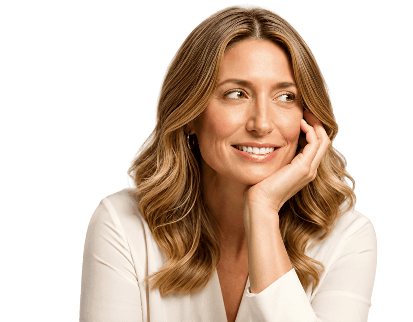 Woman smiling, touching her face